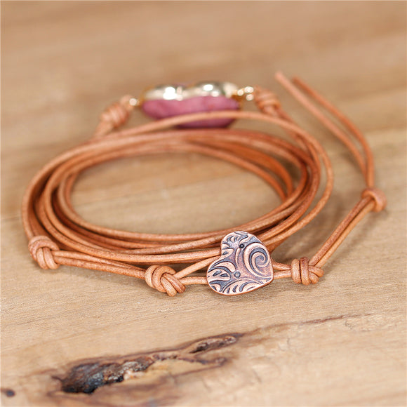 Rhodonite stone Heart Leather Wrap Bracelet