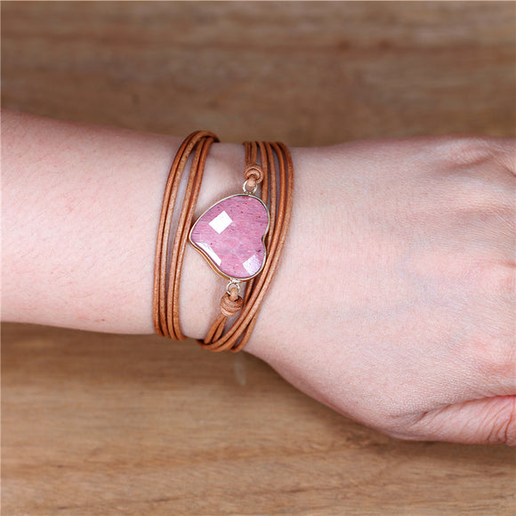 Rhodonite stone Heart Leather Wrap Bracelet